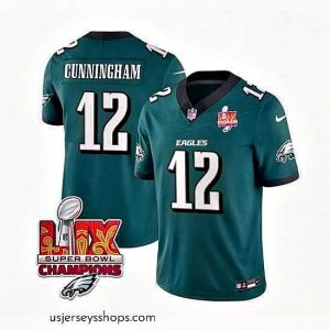 Sensational Philadelphia Eagles 12 Randall Cunningham Green 2025 Eagles Logo Super Bowl LIX Patch New F.U.S.E  Vapor Limited Stitched Football Jersey