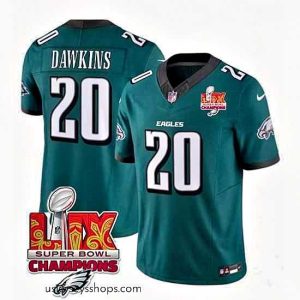 Stellar Philadelphia Eagles 20 Brian Dawkins Green 2025 Eagles Logo Super Bowl LIX Patch New F.U.S.E  Vapor Limited Stitched Football Jersey