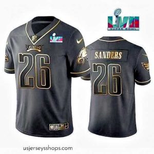 Exquisite Philadelphia Eagles 26 Miles Sanders Black Golden Super Bowl LVII Patch Edition Stitched Football Jersey