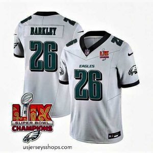 Exquisite Philadelphia Eagles 26 Saquon Barkley White 2025 Eagles Logo Super Bowl LIX Patch New F.U.S.E  Vapor Untouchable Limited Stitched Football Jersey