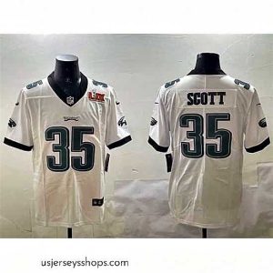 Stunning Philadelphia Eagles 35 Boston Scott White 2025 Super Bowl LIX Patch Vapor Untouchable Limited Stitched Football Jersey