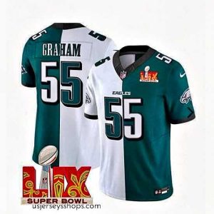 Exquisite Philadelphia Eagles 55 Brandon Graham White Green Split 2025 Super Bowl LIX Patch F.U.S.E  Vapor Untouchable Limited Stitched Football Jersey