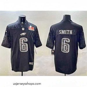 Exquisite Philadelphia Eagles 6 DeVonta Smith Black 2025 Super Bowl LIX Patch Reflective Vapor Untouchable Limited Stitched Football Jersey