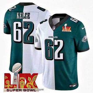 Enchanting Philadelphia Eagles 62 Jason Kelce White Green Split 2025 Super Bowl LIX Patch F.U.S.E  Vapor Untouchable Limited Stitched Football Jersey