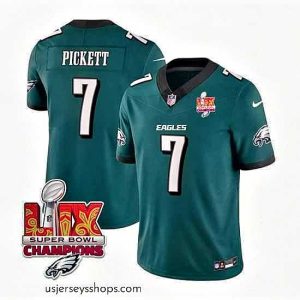 Exquisite Philadelphia Eagles 7 Kenny Pickett Green 2025 Eagles Logo Super Bowl LIX Patch New F.U.S.E  Vapor Limited Stitched Football Jersey
