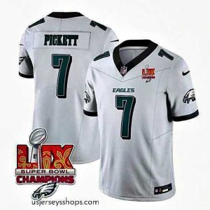 Stunning Philadelphia Eagles 7 Kenny Pickett White 2025 Eagles Logo Super Bowl LIX Patch New F.U.S.E  Vapor Limited Stitched Football Jersey