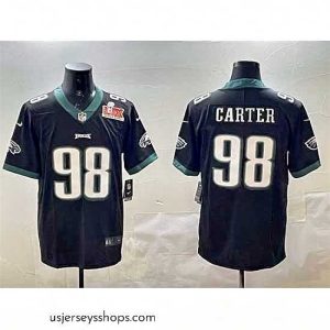 Breathtaking Philadelphia Eagles 98 Jalen Carter Black 2025 Super Bowl LIX Patch Vapor Untouchable Limited Stitched Football Jersey