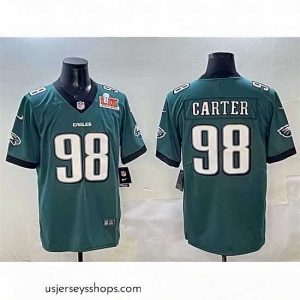 Captivating Philadelphia Eagles 98 Jalen Carter Green 2025 Super Bowl LIX Patch New Vapor Untouchable Limited Stitched Football Jersey