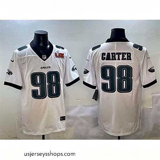 Magnificent Philadelphia Eagles 98 Jalen Carter White 2025 Super Bowl LIX Patch New Vapor Untouchable Limited Stitched Football Jersey