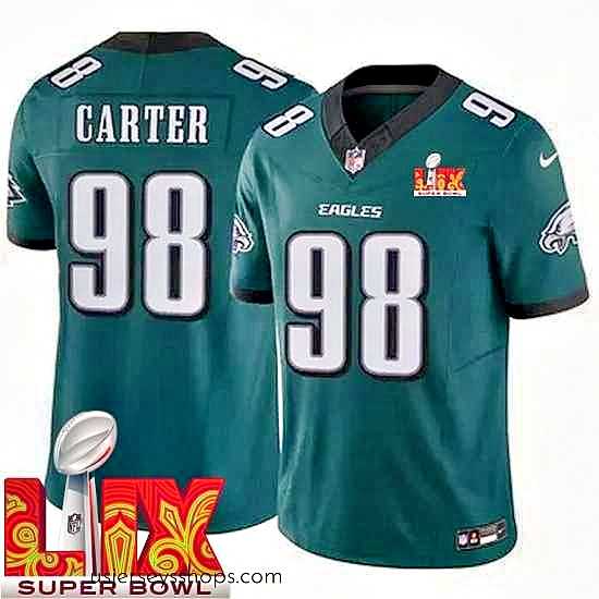 Captivating Philadelphia Eagles Jalen Carter #98 Green 2024 2025 Super Bowl LIX F.U.S.E Stitched NFL Jersey