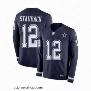 Stellar Mens Nike Dallas Cowboys 12 Roger Staubach Limited Navy Blue Therma Long Sleeve NFL Jersey