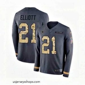 Stunning Mens Nike Dallas Cowboys 21 Ezekiel Elliott Limited Black Salute to Service Therma Long Sleeve NFL Jersey