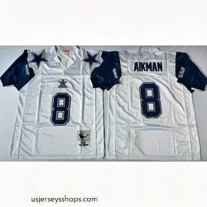 Glamorous Mitchell Ness cowboys #8 Troy Aikman white Throwback Stitched NFL Jersey