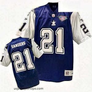 Exquisite Mitchell and Ness Dallas Cowboys 21 Deion Sanders Authentic Navy BlueWhite 75TH Patch Throwback NFL Jersey