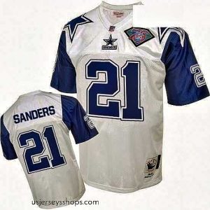 Sensational Mitchell and Ness Dallas Cowboys 21 Deion Sanders Authentic White 75TH Patch Throwback NFL Jersey