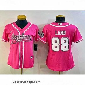 Stunning Dallas Cowboys 88 CeeDee Lamb Pink With Patch Cool Base Stitched Baseball Jersey