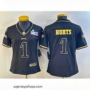 Breathtaking Philadelphia Eagles 1 Jalen Hurts Black Golden Edition Super Bowl LVII Patch Stitched Football Jersey