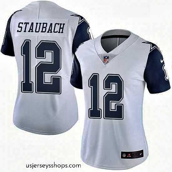 Stellar Womens Nike Dallas Cowboys 12 Roger Staubach Limited White Rush Vapor Untouchable NFL Jersey