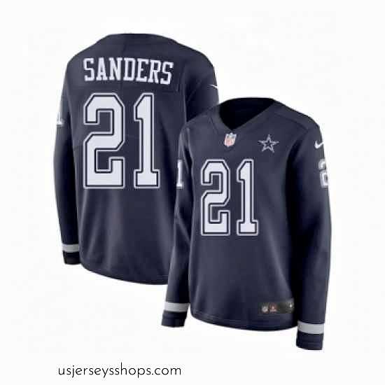 Captivating Womens Nike Dallas Cowboys 21 Deion Sanders Limited Navy Blue Therma Long Sleeve NFL Jersey