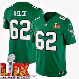 Glamorous Philadelphia Eagles Jason Kelce #62 Kelly Green 2024 2025 Super Bowl LIX F.U.S.E Stitched NFL Jersey