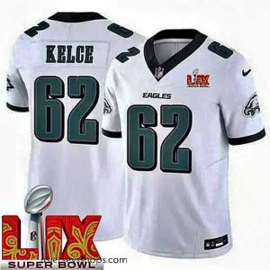 Sensational Philadelphia Eagles Jason Kelce #62 White 2024 2025 Super Bowl LIX F.U.S.E Stitched NFL Jersey