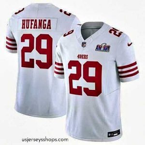 Stunning San Francisco 49ers 29 Talanoa Hufanga White 2023 F.U.S.E  With John Madden Patch Vapor Limited Stitched Football 2024 Super Bowl LVIII Jersey